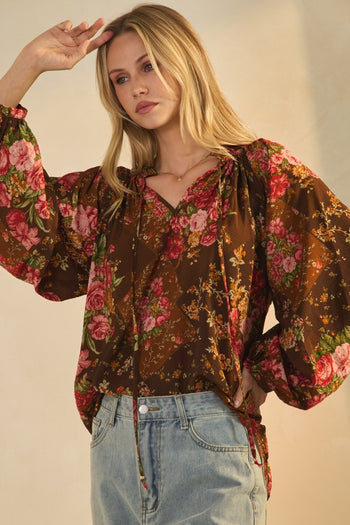 Oddi Floral Print Peasant Top in Rust Multi