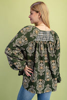GiGio Printed Balloon Sleeve Top in Olive Mix