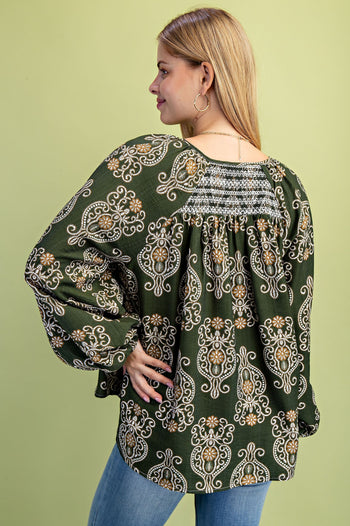 GiGio Printed Balloon Sleeve Top in Olive Mix
