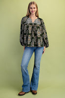 GiGio Printed Balloon Sleeve Top in Olive Mix
