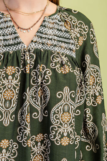 GiGio Printed Balloon Sleeve Top in Olive Mix