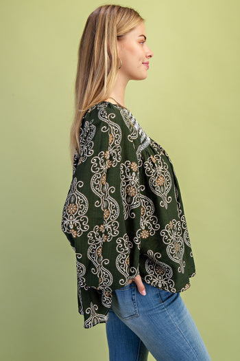 GiGio Printed Balloon Sleeve Top in Olive Mix