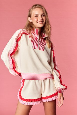 RARERAW Holiday Striped Ruffle Pullover Top and Shorts Set in Cream/Red/Pink