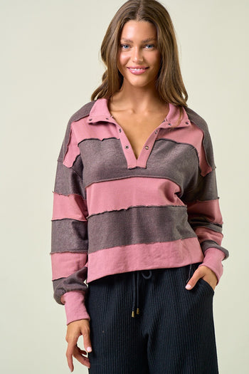 Doe & Rae OVERSIZED French Terry Color Block Top in Dusty Rose