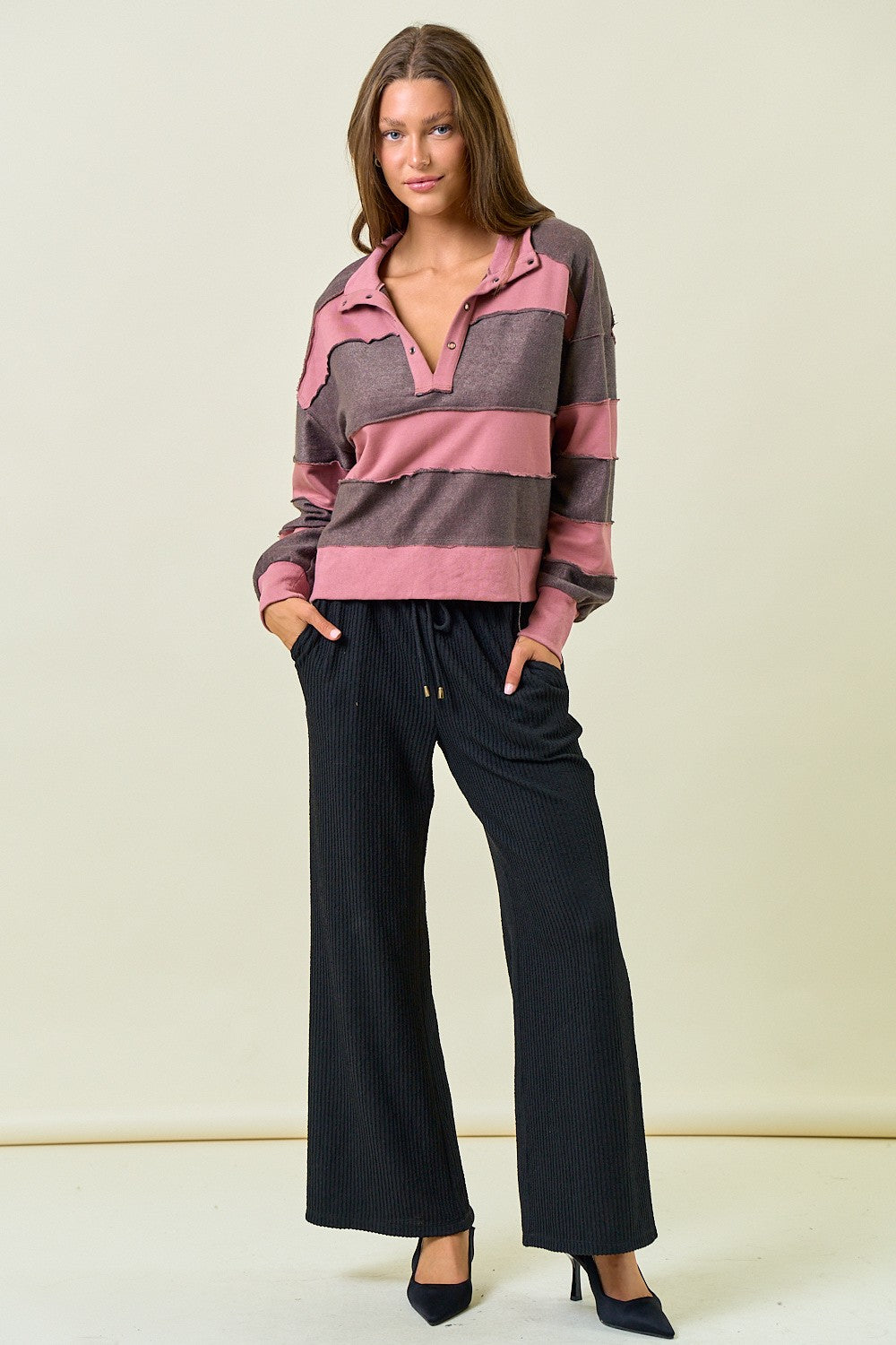 Doe & Rae OVERSIZED French Terry Color Block Top in Dusty Rose