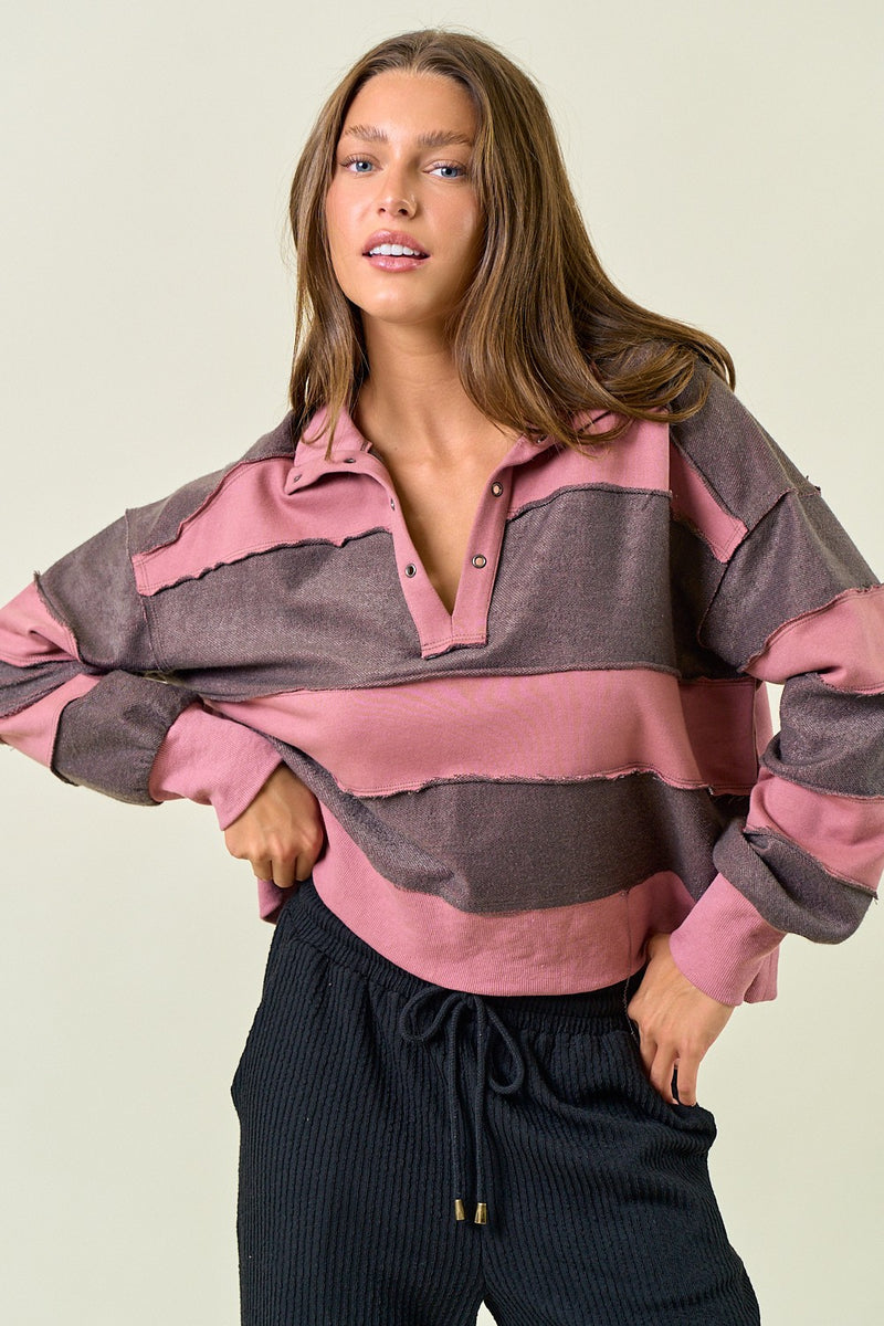Doe & Rae OVERSIZED French Terry Color Block Top in Dusty Rose – June Adel