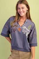 GiGio Western Theme Embroidered Sweatshirt in Cool Grey