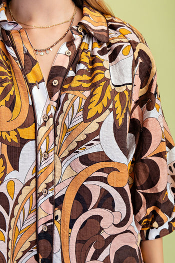 GiGio Mixed Print Puff Sleeve Top in Brown Mix