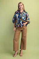 GiGio Mixed Print Puff Sleeve Top in Indigo Mix