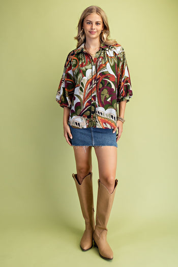 GiGio Mixed Print Puff Sleeve Top in Olive Mix