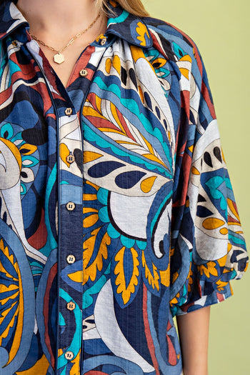 GiGio Mixed Print Puff Sleeve Top in Indigo Mix