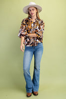 GiGio Mixed Print Puff Sleeve Top in Brown Mix