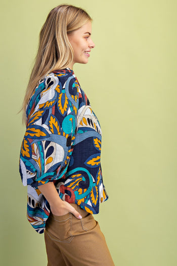 GiGio Mixed Print Puff Sleeve Top in Indigo Mix