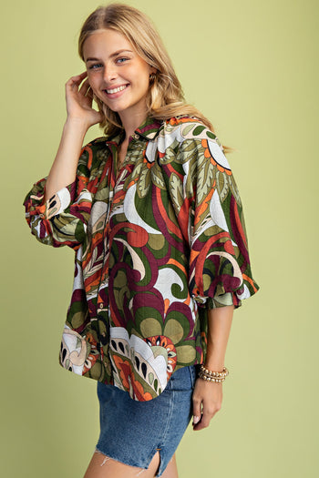 GiGio Mixed Print Puff Sleeve Top in Olive Mix