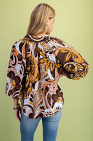 GiGio Mixed Print Puff Sleeve Top in Brown Mix