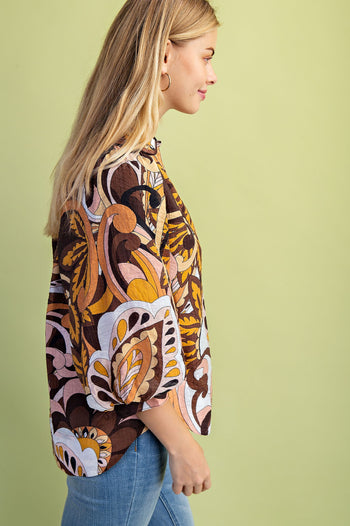 GiGio Mixed Print Puff Sleeve Top in Brown Mix