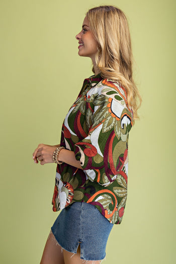 GiGio Mixed Print Puff Sleeve Top in Olive Mix