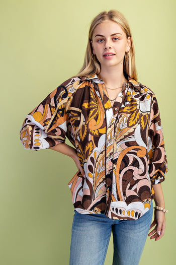 GiGio Mixed Print Puff Sleeve Top in Brown Mix
