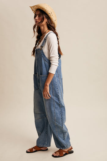 Listicle Denim Barrel Leg Overalls in Sunwashed Blue ON ORDER