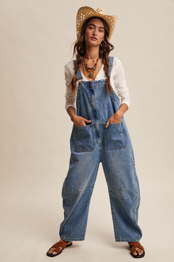 Listicle Denim Barrel Leg Overalls in Sunwashed Blue ON ORDER