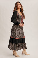 Forte Floral Patched Lace Up Front Maxi Dress in Black