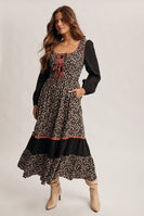 Forte Floral Patched Lace Up Front Maxi Dress in Black