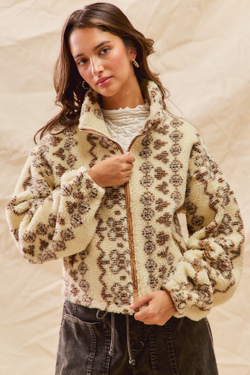 So Me Mixed Pattern Sherpa Jacket in Cream/Brown – June Adel