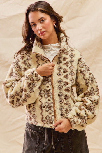 So Me Mixed Pattern Sherpa Jacket in Cream/Brown
