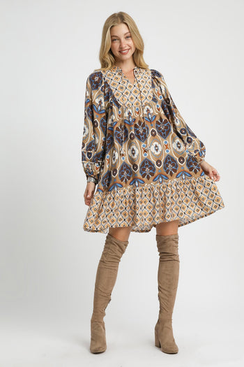 Umgee Mixed Abstract Print Mini Dress in Latte Mix
