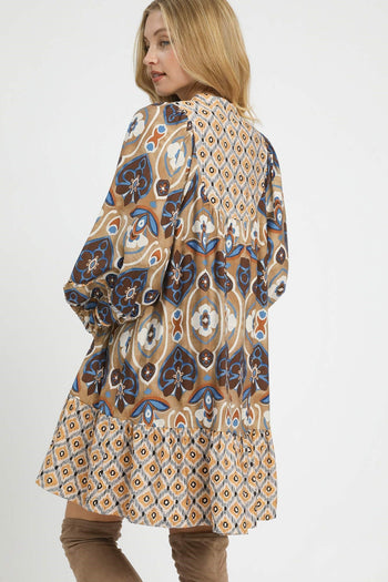 Umgee Mixed Abstract Print Mini Dress in Latte Mix