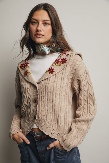 Forte Cable Knit Embroidered Collar Cardigan in Oatmeal
