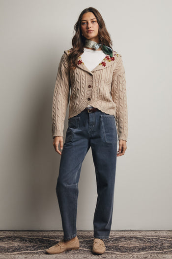 Forte Cable Knit Embroidered Collar Cardigan in Oatmeal
