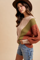 AnnieWear Color Block Multi Texture Sweater Top in Latte Multi