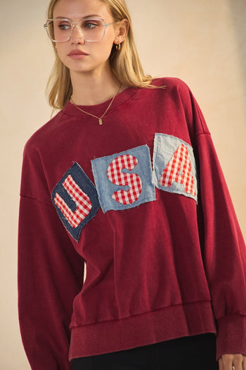 Oddi Washed French Terry Sweatshirt with USA Patched Front in Washed Red