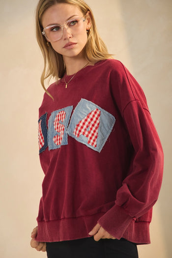 Oddi Washed French Terry Sweatshirt with USA Patched Front in Washed Red