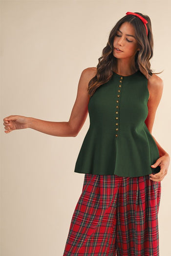 AnnieWear Soft Ribbed Knit Peplum Top in Green