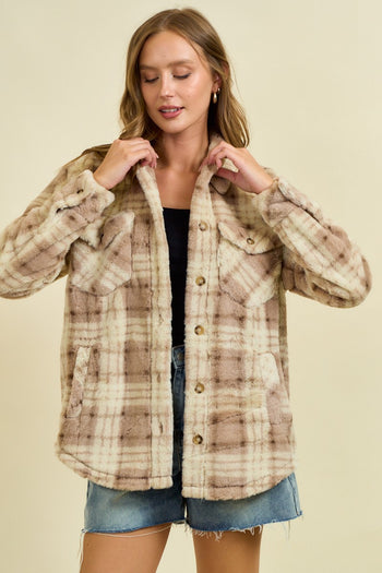 Doe & Rae Faux Fur Plaid Shacket in Beige