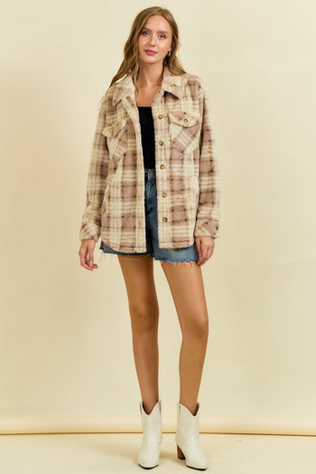 Doe & Rae Faux Fur Plaid Shacket in Beige