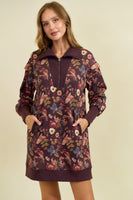 Doe & Rae Floral Half Zip Up Sweatshirt Dress in Burgundy Multi