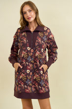 Load image into Gallery viewer, Doe &amp; Rae Floral Half Zip Up Sweatshirt Dress in Burgundy Multi
