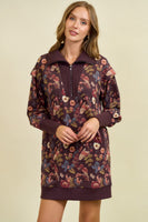 Doe & Rae Floral Half Zip Up Sweatshirt Dress in Burgundy Multi