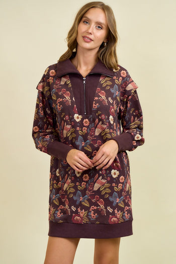 Doe & Rae Floral Half Zip Up Sweatshirt Dress in Burgundy Multi