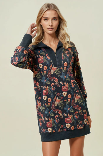 Doe & Rae Floral Half Zip Up Sweatshirt Dress in Black Multi