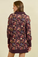 Doe & Rae Floral Half Zip Up Sweatshirt Dress in Burgundy Multi