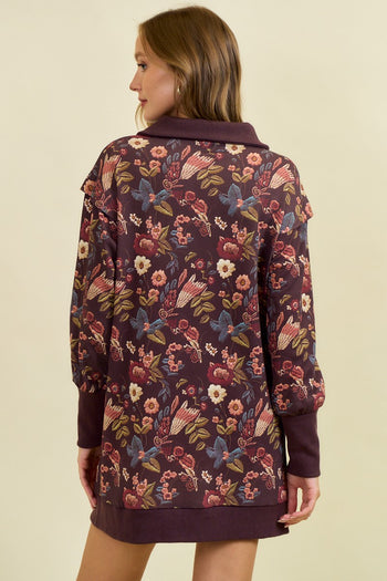 Doe & Rae Floral Half Zip Up Sweatshirt Dress in Burgundy Multi