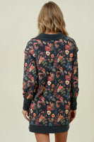 Doe & Rae Floral Half Zip Up Sweatshirt Dress in Black Multi