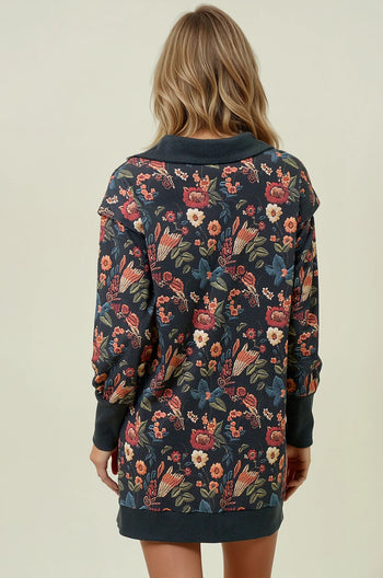 Doe & Rae Floral Half Zip Up Sweatshirt Dress in Black Multi