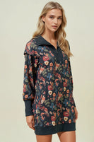 Doe & Rae Floral Half Zip Up Sweatshirt Dress in Black Multi