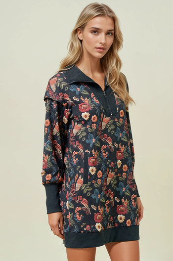 Doe & Rae Floral Half Zip Up Sweatshirt Dress in Black Multi
