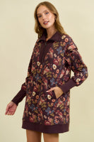 Doe & Rae Floral Half Zip Up Sweatshirt Dress in Burgundy Multi